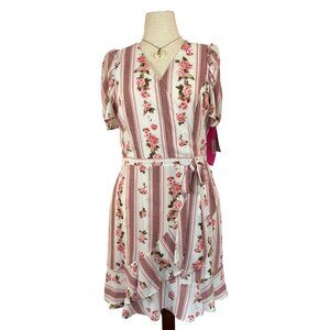 Betsey Johnson Dusty Rose Stripe Floral Faux Wrap Dress | Size 12 | NWT